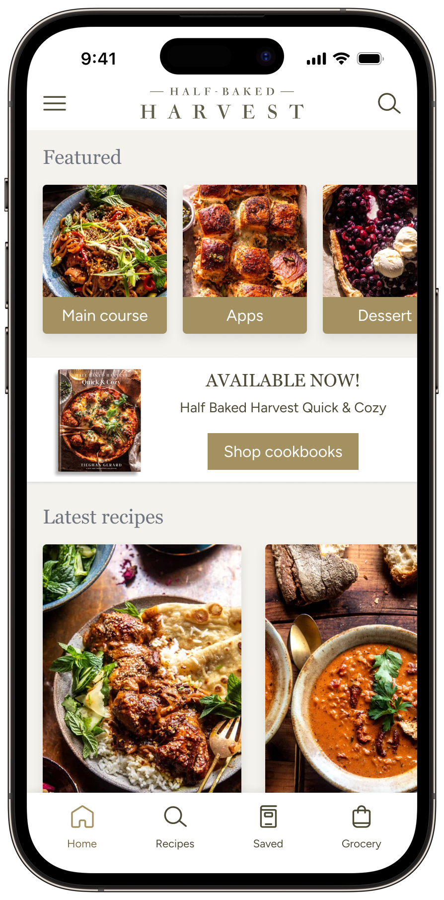Half Baked Harvest app — home screen