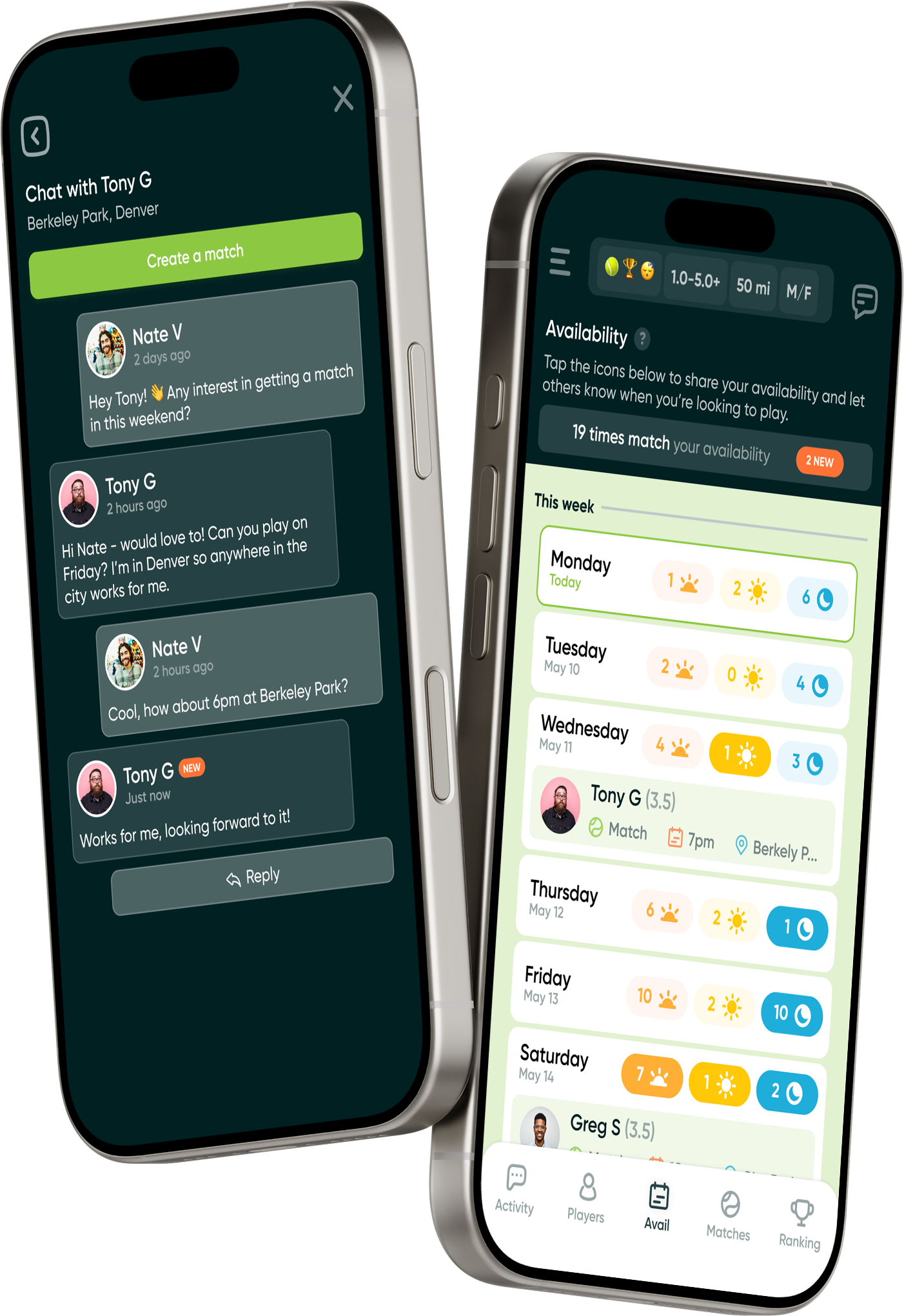 Rally Tennis — chat and availability screens